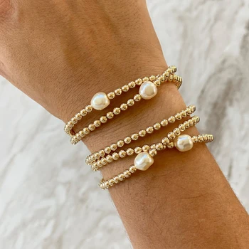 Classic 14k Gold Filled Stainless Steel Beads Natural Freshwater Pearl Bracelet Beaded Stretch Stacking Bracelets for Women