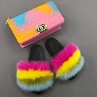 Hand Bag And 2021 New PVC Rainbow Color Hand Bag Fur Slippers And Purse Fox Real Fur Slippers And Bag Set