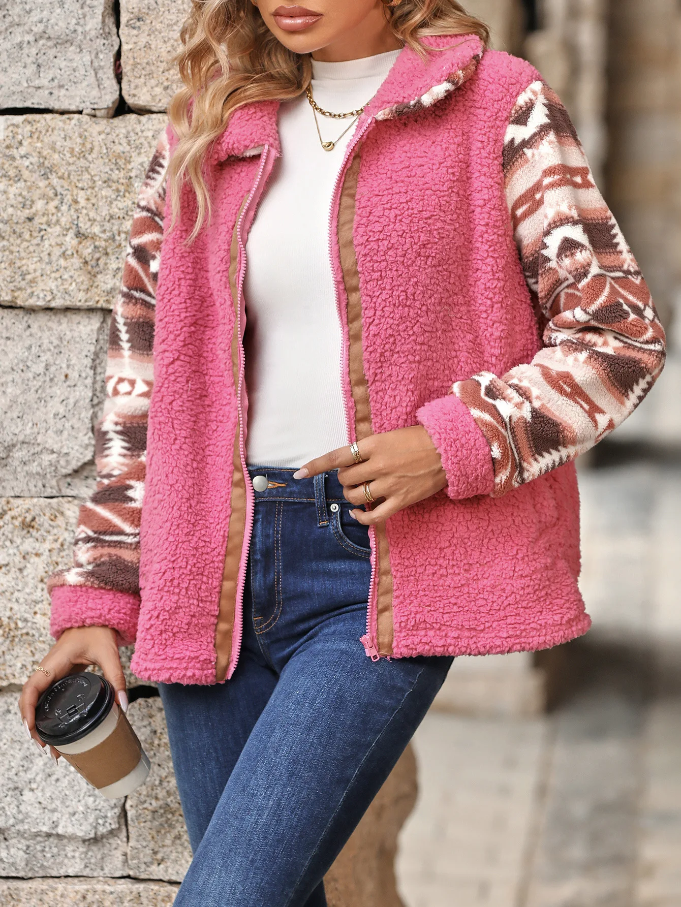 Wholesale 400gsm custom high quality winter fur fleece coat thick warm pile pocket zipper fleece jacket for women