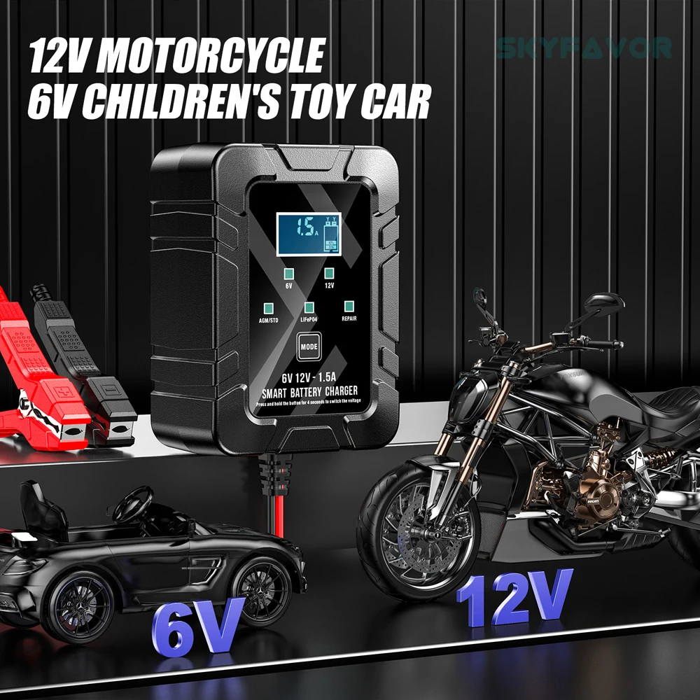 Universal smart 6V 12V battery charger 6V 12V 1.5A automatic lifepo4 lfp lead acid gel agm repair battery charger with SEA plug