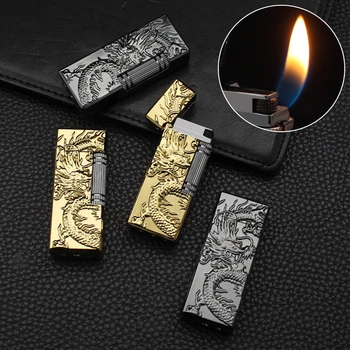 BD309-2    Wholesale of new dragon shaped relief craft grinding wheel lighter, metal open flame inflatable cigarette lighter