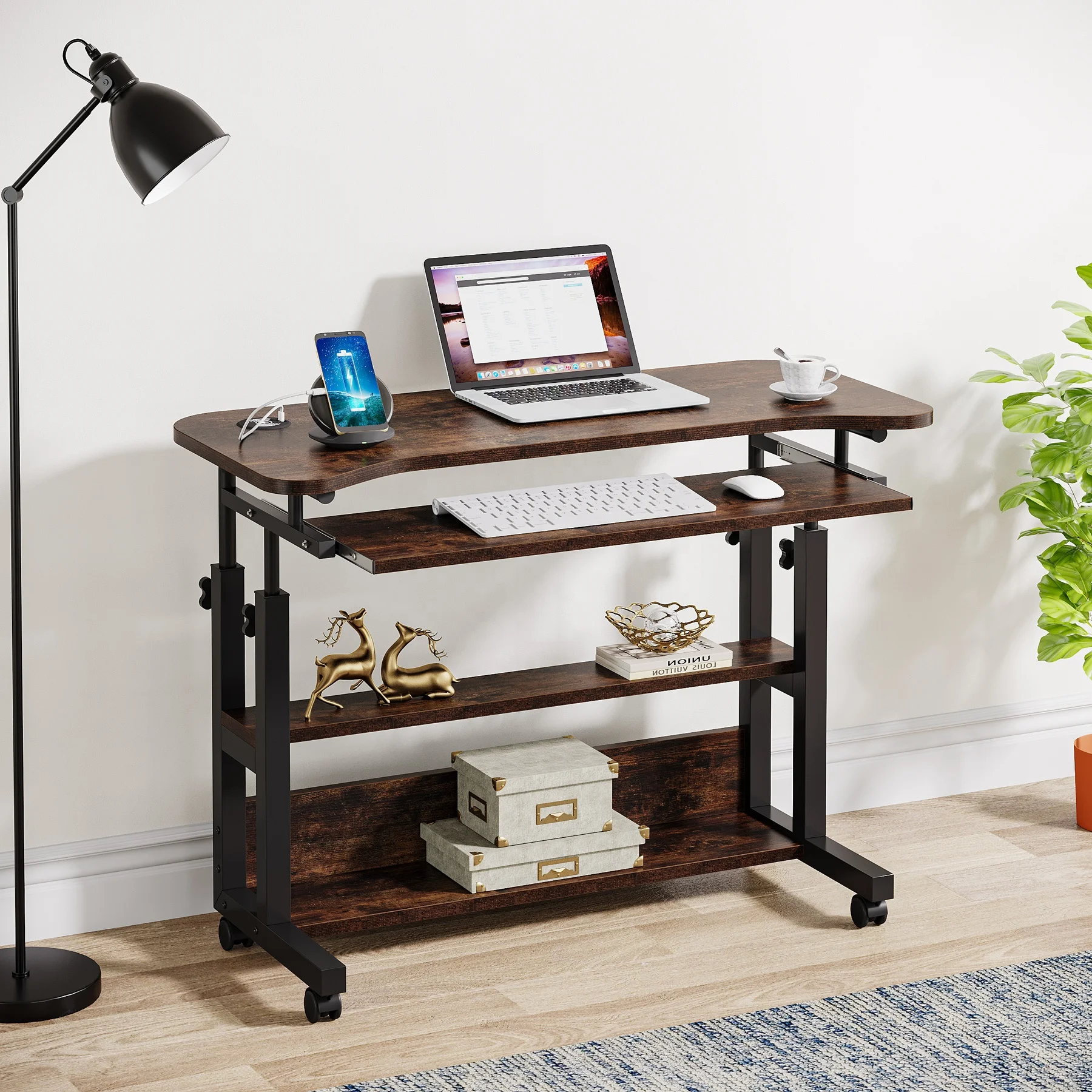 Brown Height Adjustable Mobile Laptop portable Standing Desk Rolling  table Cart for couch office