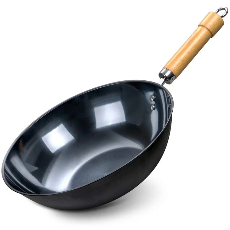 30cm Traditional Chinese Wok Carbon Steel Wooden Handle Stir Fry Pan Hob Cooking 