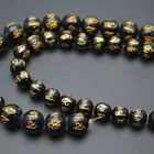 Natural Onyx Agate Beads Agate Carved Gold Color Buddhist Words Natural Black Onyx Agate Stone Round Beads