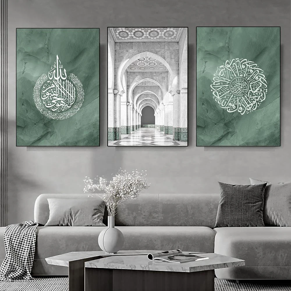 Living Room Decor Modern Wall Pictures Green Marbling Prints Calligraphy Posters Wall Art Islamic Home Decoration