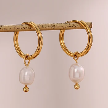 Dreamshow Fresh Water Pearl Hoop Earring 18K Gold Plated Hoop Earring Stainless Steel Tarnish Free Pearl Drop Earrings