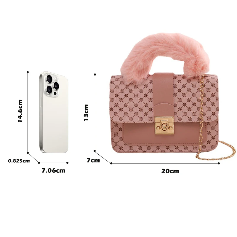 In Stock Cell Phone Bag Ladies Handbag Luxury Winter Lamb Wool Pu Small Square Bag Mini Custom Shoulder Chain Messenger Bag