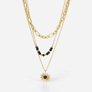Three Layer Choker Stainless Steel 14K Gold Plated Jewelry Non Tarnish Black Bead Sun Flower Pendant Necklace