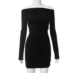 Ruched Off Shoulder Long Sleeve Mini Dress Sexy Y2K Party Club Bodycon Women Dress