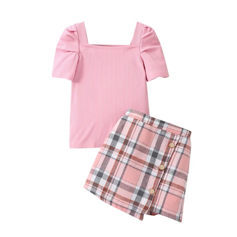 New fashion kids girls summer clothes sets short puff sleeve square neck ribbed tops+plaid skirt toddler girls outfits