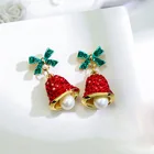 Earrings Christmas New Year Gift Gold Plated Bow Bells Earrings Sweet Red Crystal Pearl Dangle Earrings