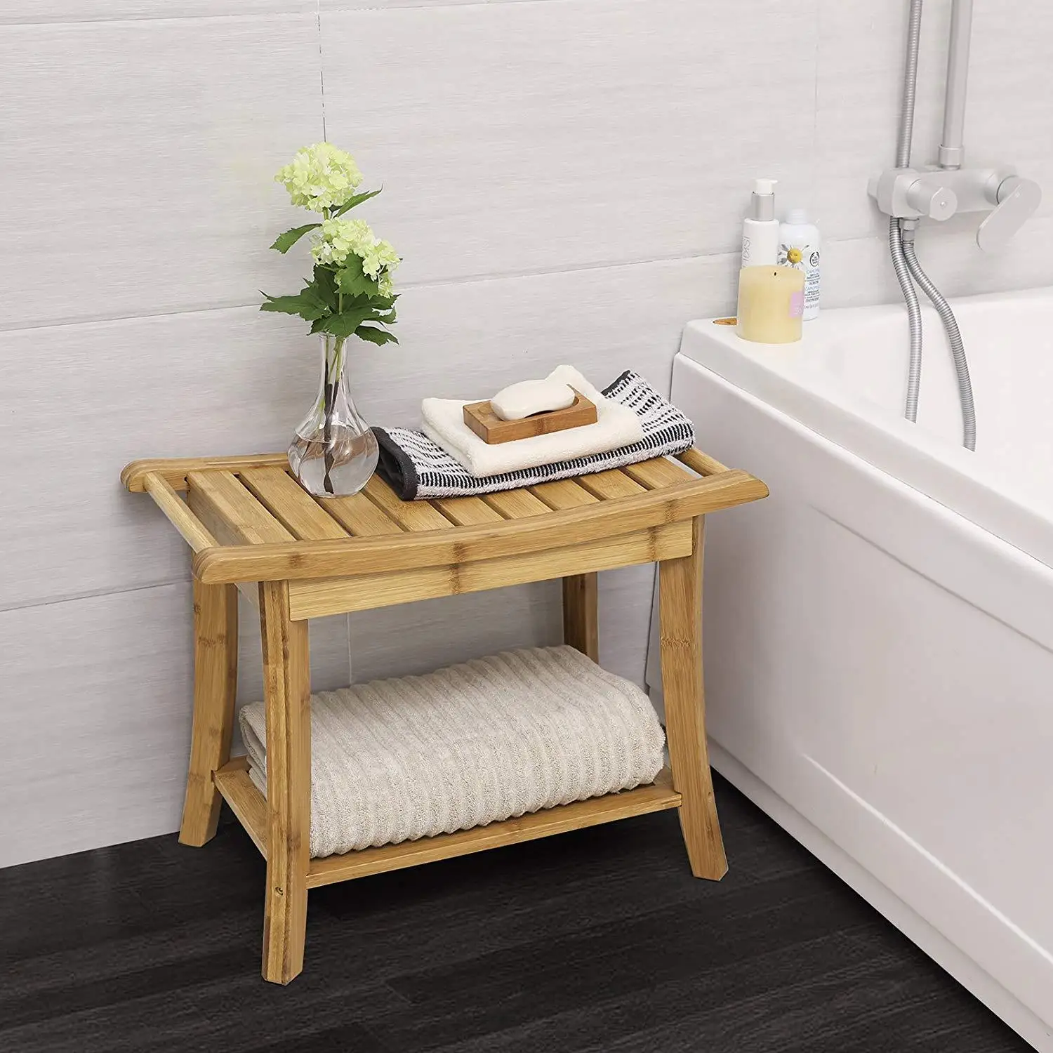 Bamboo Shower Bench Bathroom Stool Spa Bath Shower Stool with Storage Shelf Wood Bench for Indoor Outdoor Use