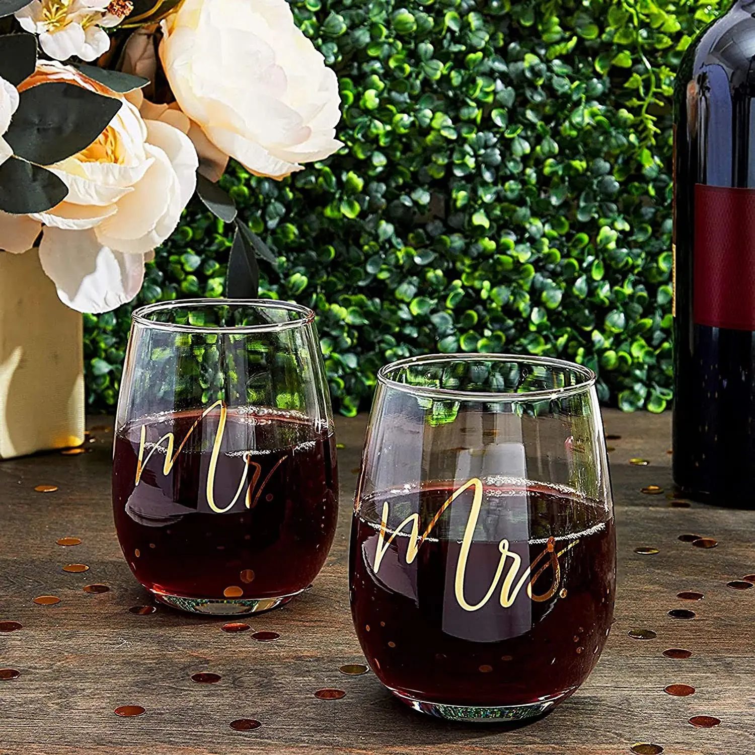 Customization Mr. and Mrs. Stemless Wine Glasses Approximate 16-Ounce Capacity