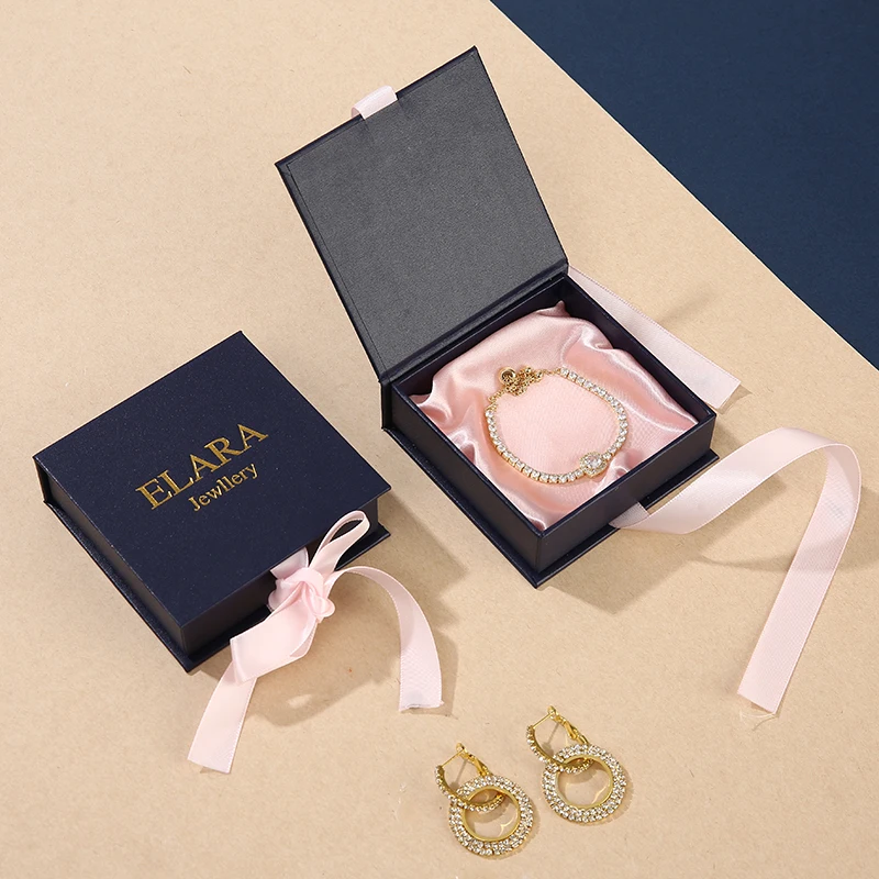 Custom Logo Cardboard Jewelry Gift Box Necklace Ribbon Box Package Paper Box With Black Foam For