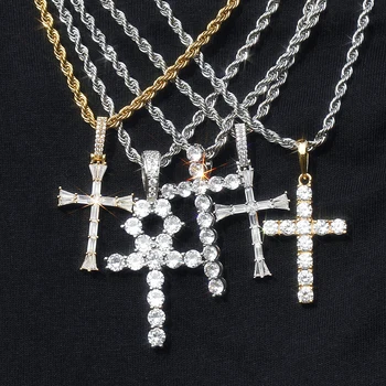 Hip hop Bling Iced Out Cubic Zirconia Christian Religion Jewelry moissanite women Gold Plated Diamond men Cross Pendant Necklace