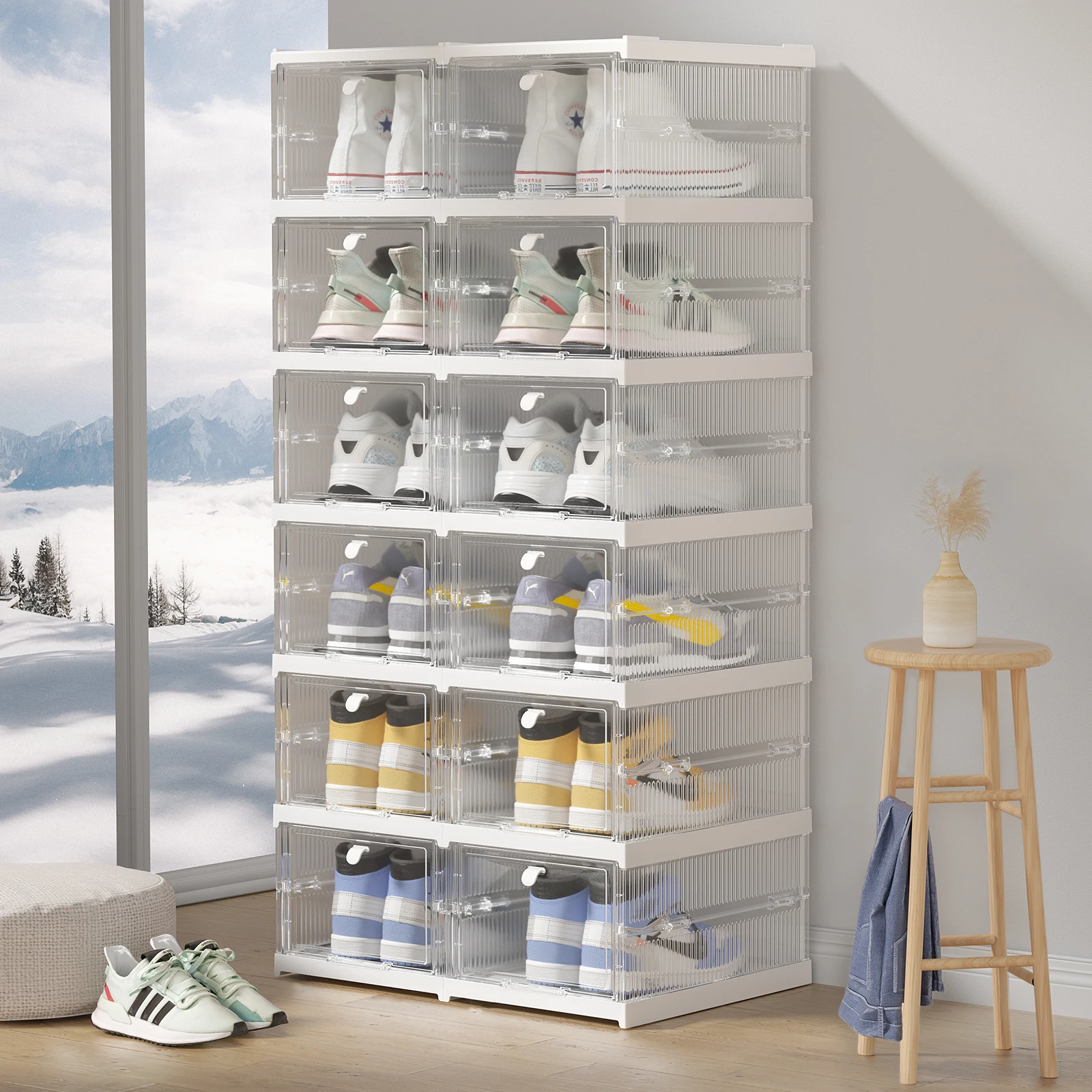 Three floors Plastic Foldable Stackable Display Containers Bins with Clear Front Door sneaker organizer Shoe Storage Box