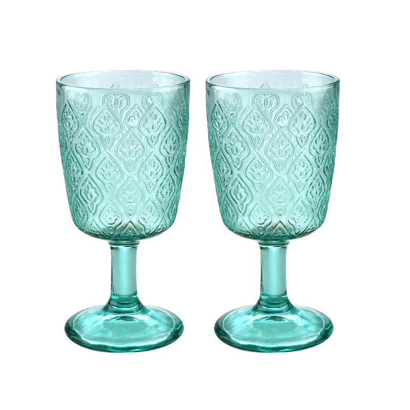 High sales Wine tumbler glass goblets vintage colored embossed globlet colored wine glass