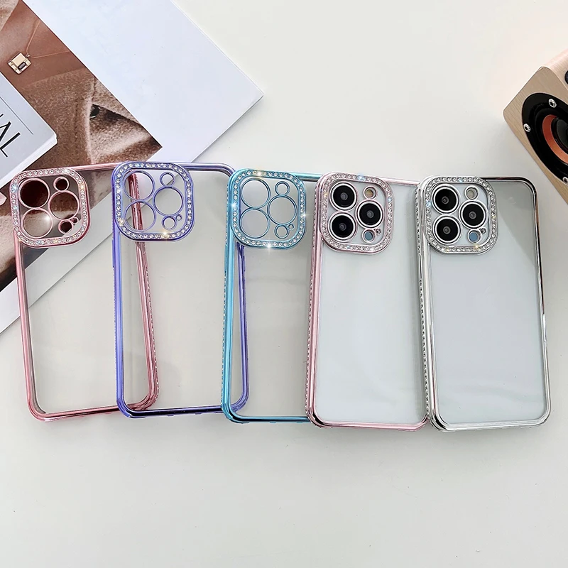 6D Plating Back Transparent TPU Bumper Diamond Camera Protection Mobile Phone Cover Case For Iphone 13 pro