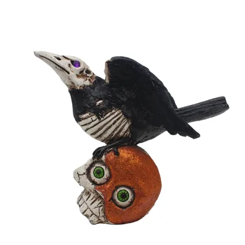 Custom Resin Crafts Vintage Black Crow Skull Head Figurine Ornament Skeleton Bones Gothic Art Glitter Halloween Decorations