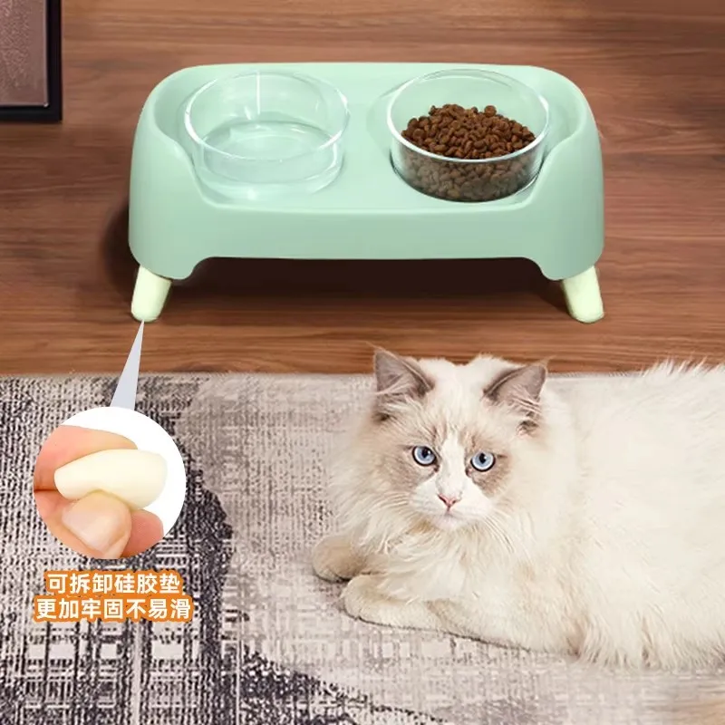 Dougez Customizable Pet Double Bowl with Glass Bowls Anti Knock Food and Water Bowl for Dogs Cats Easy to Clean Pet Supplies manufacture