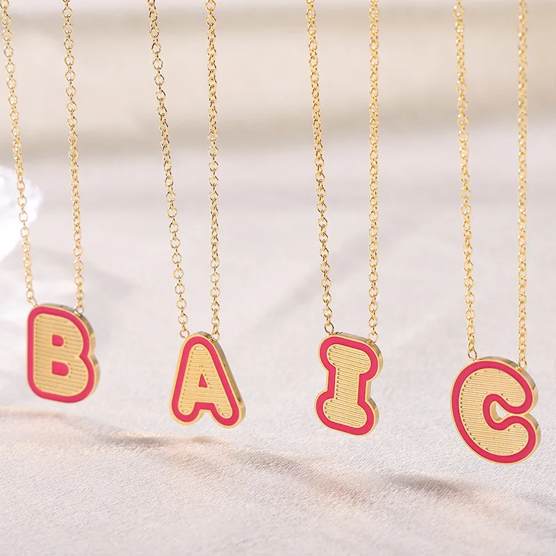 Stainless steel gold plated pink enamel 26 A-Z initial letter necklace for women