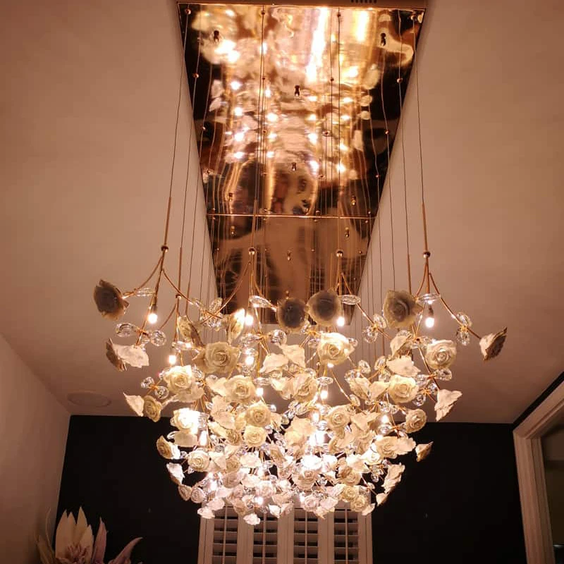 2021 Newest custom big flower rose led chandelier luxury pendant lamp restaurant living room dinner room interior lighting light