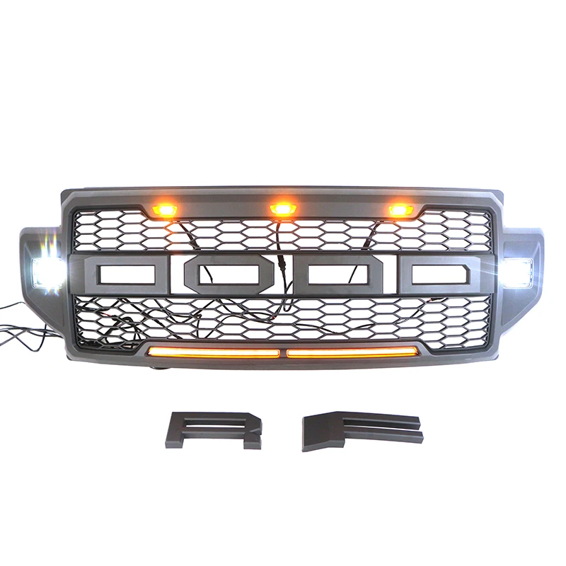 product 2022 new style front grille with three amber led  lights and cube lights with light bar fit for ford f250 350-60