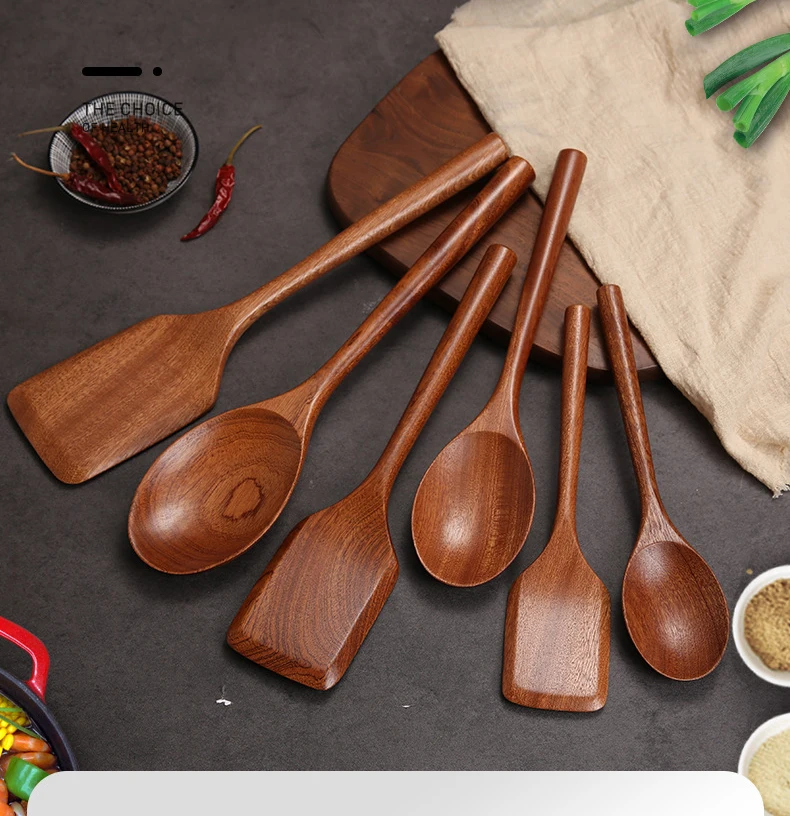 Wooden Spatulas for Cooking Nonstick Wood Kitchen Utensil Cooking Spoons Natural Teak Kitchen Utensils Set Of 6 PCS