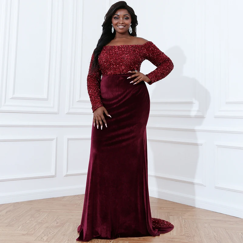 Burgundy Long Sleeve Mermaid Evening 