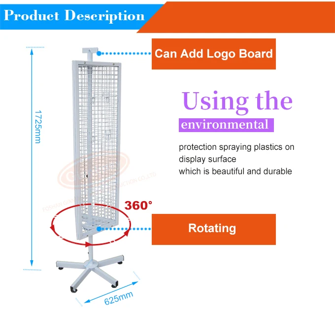 3 Sides Triangle Wire Grid Mesh Metal 360 Turntable Swivel Rotating Floor Stand Spinner Display Stand Rack with Hook
