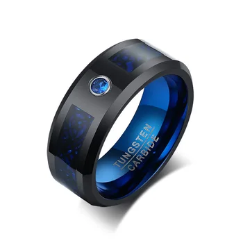 Poya Hot Sell 8mm Carbon Fiber Inlay Beveled Black Tungsten Carbide Ring With Shinny Blue Zircon Diamond