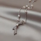 Pearl Necklace XL61944 Fashion Dainty White Gold Plated Women Jewelry Pearl Bowknot Pendant Necklace