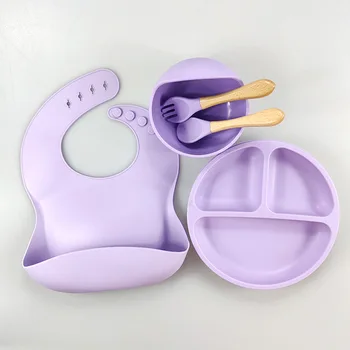 5 Pcs Baby Feeding Training Tableware Set Silicone Bowl Spoon And Fork Divided Round Suction Dinner Plate Set