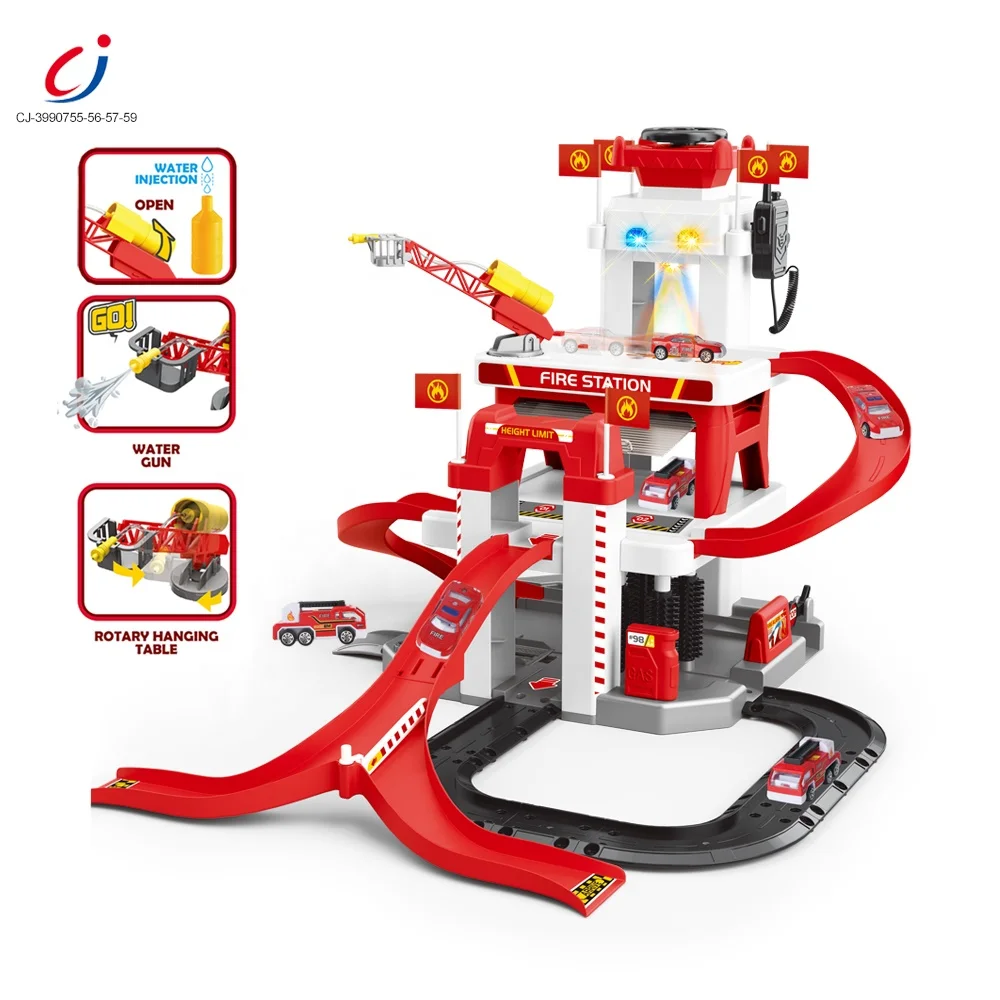 Chengji children sliding car garage toy multifunctional building slide track parking lot toys set for kids