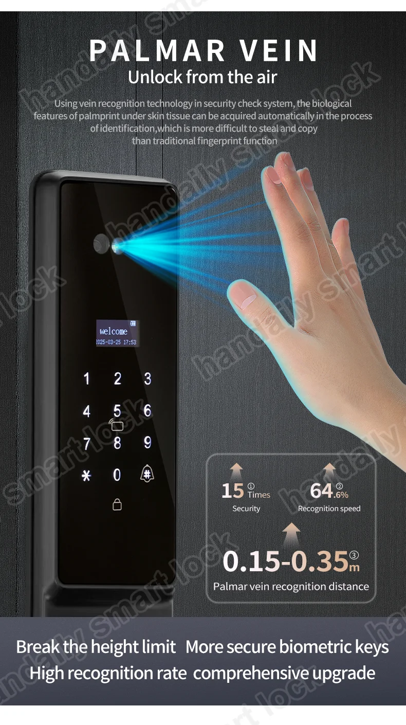 handaily wholesale automatic fingerprint tuya 3d face smart door lock for front door digital palm vein home security door lock f888-7