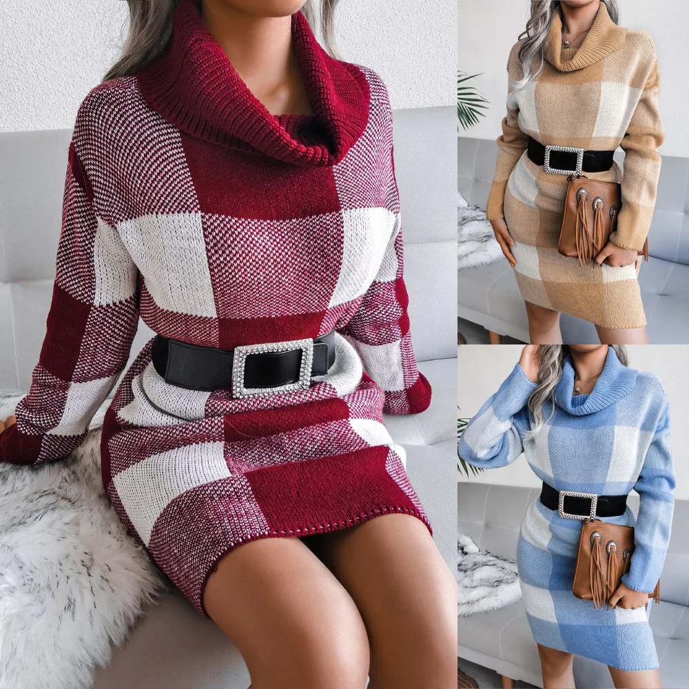 DFG HOT customized Autumn winter Sweater dress women Casual Mid-length raglan sleeves turtleneck Knit sweaters female pullovers