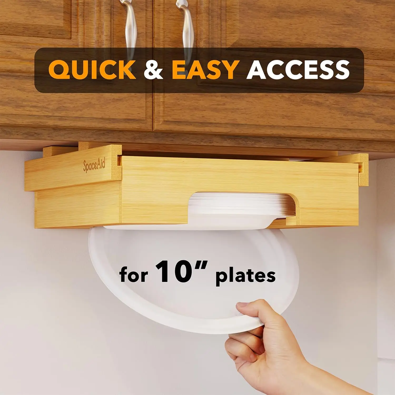 10 Inch Paper Plate Dispenser, Kitchen Bamboo Paper Plate Holder, Countertop & Under Cabinet Paper Plate Organizer