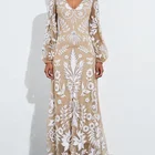 Women Evening 2021 Summer New Women Peace And Love Nude Floral Applique Mesh Long Evening Dress ST081013