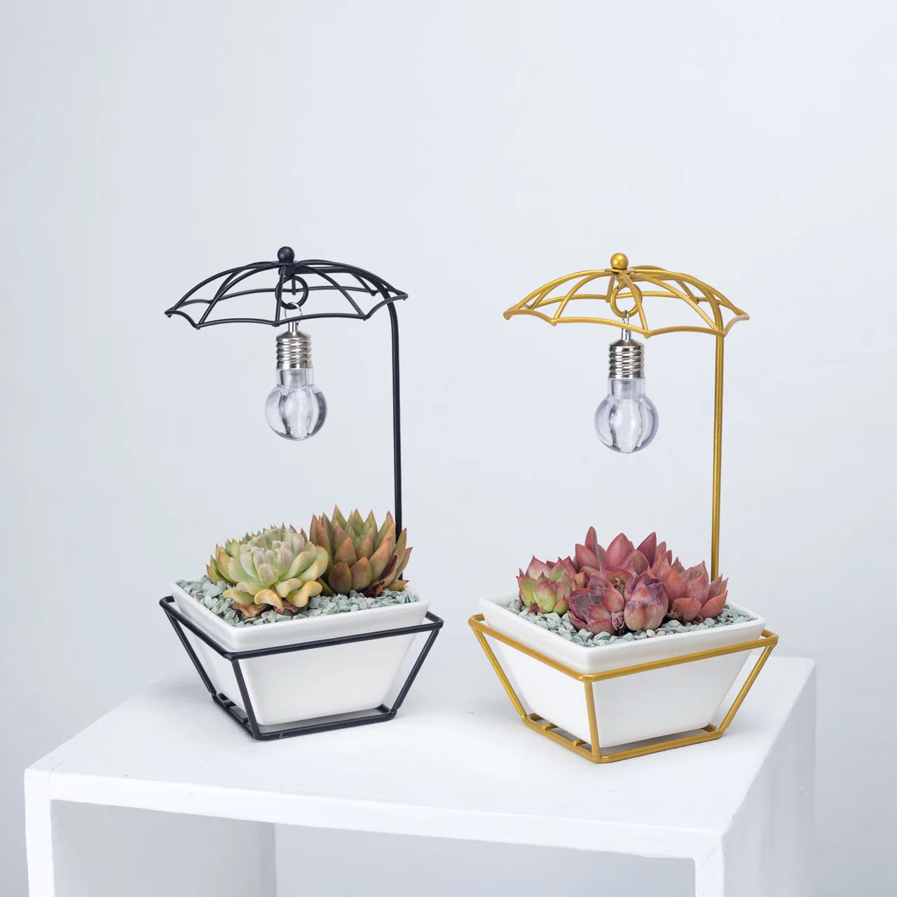 Modern Umbrella Shape Bulb Lamp White Light Succulent Ceramic Pot Gold Metal Flower Planter Pot Flower Pots & Planters