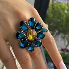 Flower Rings Statement Big Full Colorful Crystal Blue Flower Adjustable Rings For Women