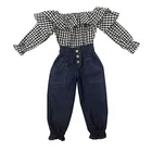2020 Wholesale Fall Kids Girl Denim Pants Plaid Blouse Outfit Clothing Set