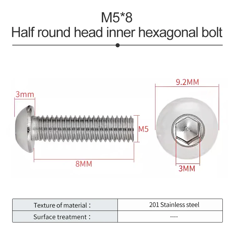 Aluminum Profile Fastening Accessories, Stainless Steel Half Round Head Hexagon Socket Bolt M5M6M8 Bolt M5-M6-M8 Screw factory