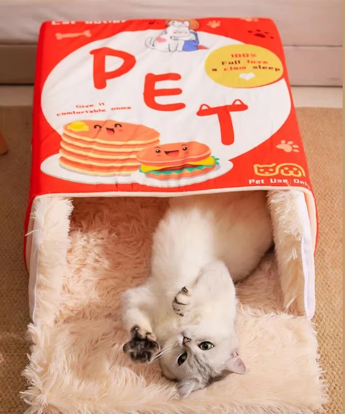New Snack Box Plush Pet Bed Fully Enclosed Cookie Box Shape Warm Soft Windbreak Cute Pull Out Cat House Cushion Pet Products details