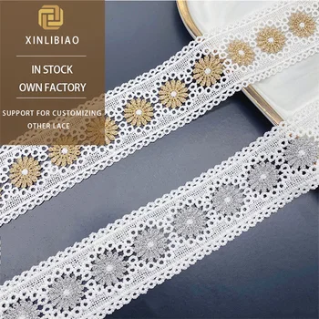 Gold Thread Lace Fabric with Embroidery Bar Code Rose Gold Silver Lolita Lace Trim for Wedding Water Soluble Accessory