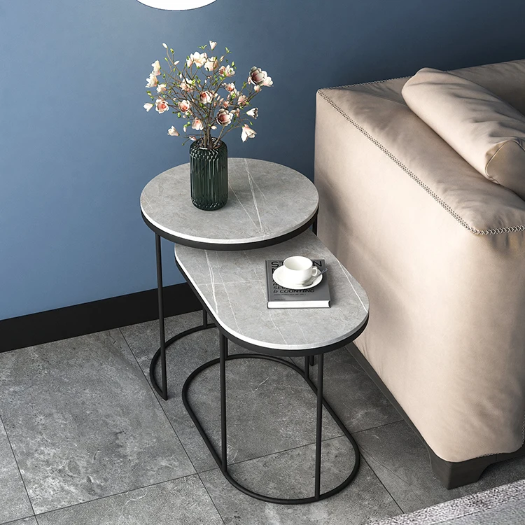 Modern Rock Stone Side Tables Apartment Hotel Home End Table With Stool Bedroom Furniture Metal Frame Corner Table