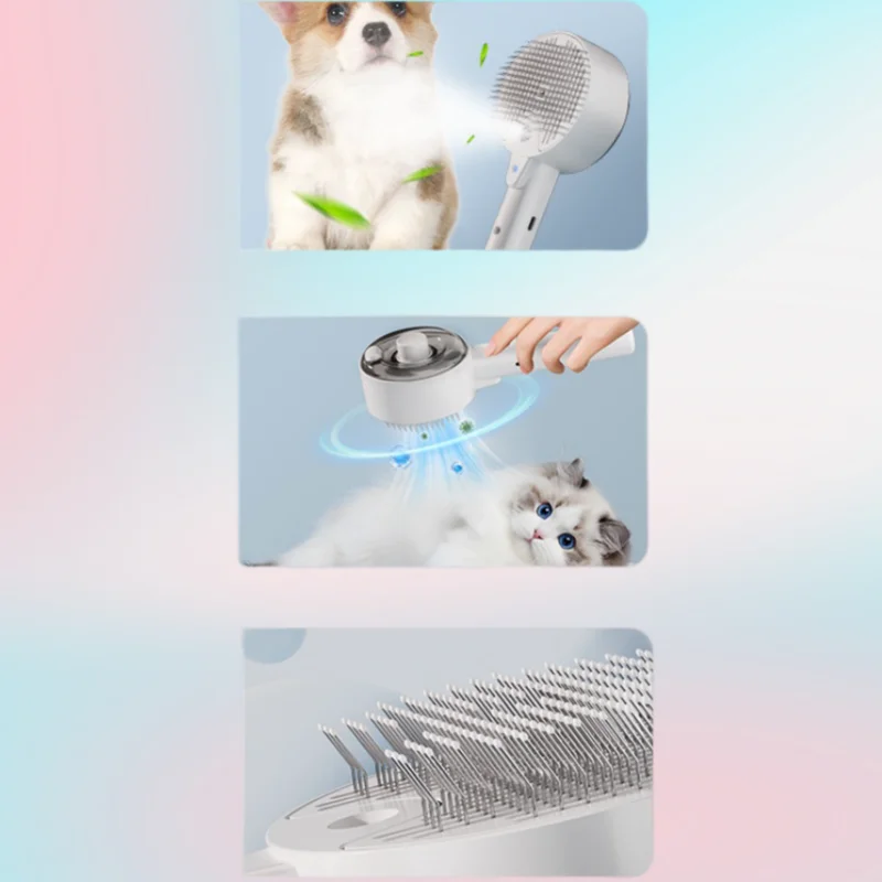 New Design 3 in 1 Long Handle Pet Steam Brush With Light USB Pet Massage Cleaning Water Spray Hair Removal Steam Brush For Cats