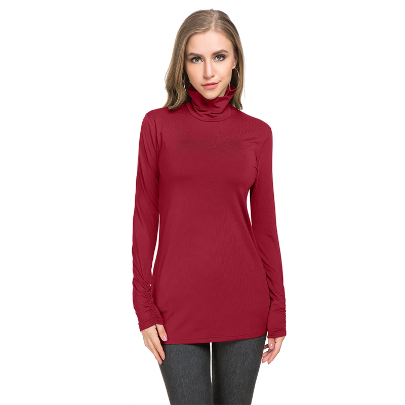 Winter clothing women breathable polyester stretchy fabric high turtleneck long sleeve t shirt