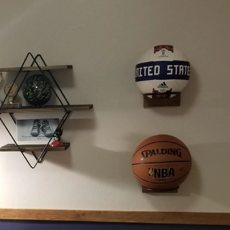 Wood & Metal Wall-Mounted Sports Ball Holder,  Ball Display Rack Stand Holder for Football, Basketball, Volleyball, Soccer