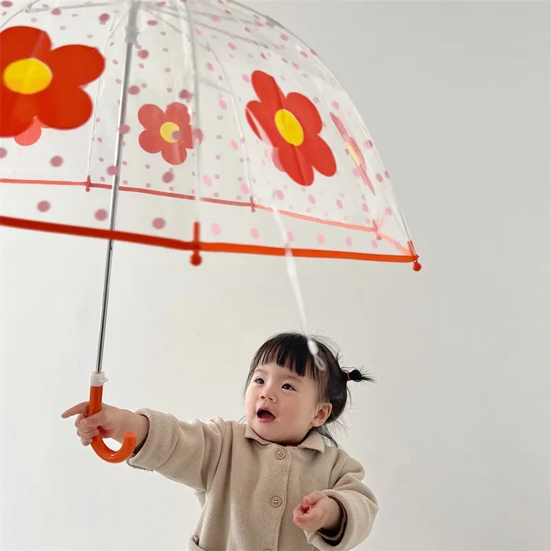 GG412 Korea Style Coffee Bear Flower Pattern Printing Transparent Umbrellas Straight Rod Long Handle Kids Umbrella