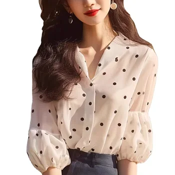 2024 French Style Haute Couture White Polka-Dot Chiffon Top Ladies' Casual Short Spring Shirt Fashionable Light Mature Design